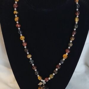 Tiger Eye And Silver Necklace W/Apple-handmade.
